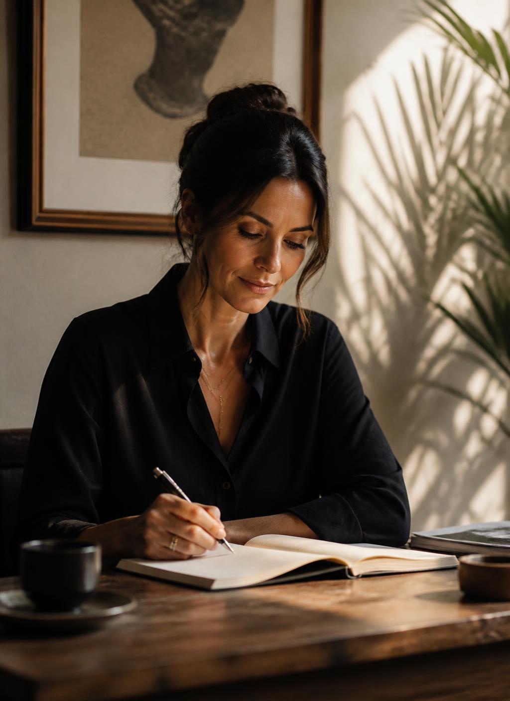 Author writing in a notebook at a sunlit desk